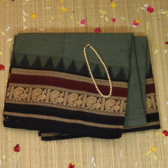 Kanchi Cotton Light Green Grey Saree With Black Border
