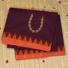 Kanchi Cotton Grape Wine Saree With Orange Thread Boarder with Blouse