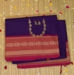 Kanchi Cotton Violet Saree With Pink Threadwork Border