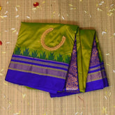 Ilkal Gadwal Silk Parrot Green Saree Blue Boarder with Blouse