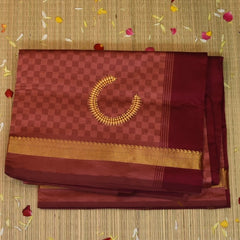 Kanchi Semi Cotton Peach Checks Saree With Zari Border