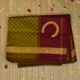 Kanchi Semi Cotton Lemon Green Check Saree With Zari Border