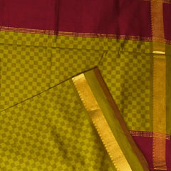 Kanchi Semi Cotton Lemon Green Check Saree With Zari Border