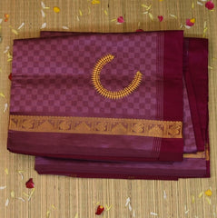 Kanchi Semi Cotton Pink Checks Saree With Zari Border