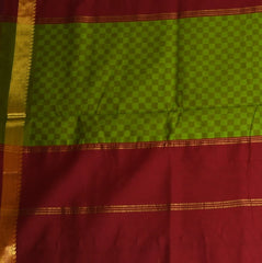 Kanchi Semi Cotton Green Check Saree With Zari Border