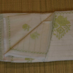Cream Cotton Saree with Olive Drab Floral Embroidery