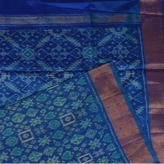 Pochampally Ikkat Blue Saree with Gold Border and Blouse