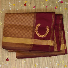 Kanchi Semi Cotton Brown Checks Saree With Zari Borde