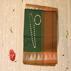 semi cotton deep green saree with rust boarder