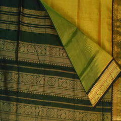 Silk Cotton mustard yellow saree with bottle green jari boarder