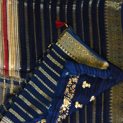 Organza Half White Navy Blue Saree with Blouse