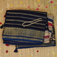 Organza Half White Navy Blue Saree with Blouse