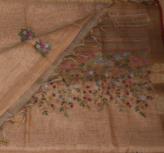 Jute silk Mustard yellow saree with thread work