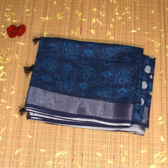 chanderi Navy Blue saree with white block print