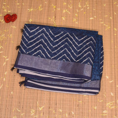 Chanderi Navy blue saree with white block print