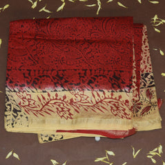 4374 red chanderi saree with block print