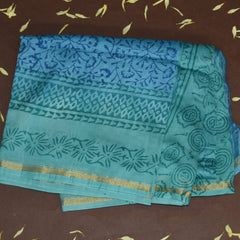 4377 sky blue chanderi saree with block print