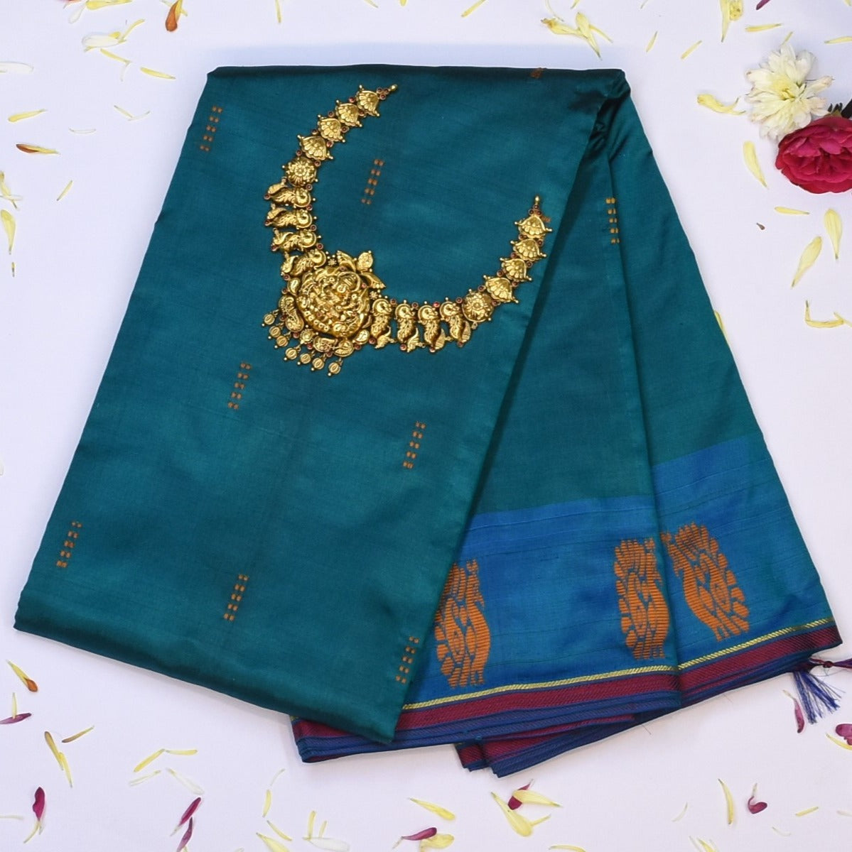 Kanchivaram silk Deep Teal Saree with Blouse