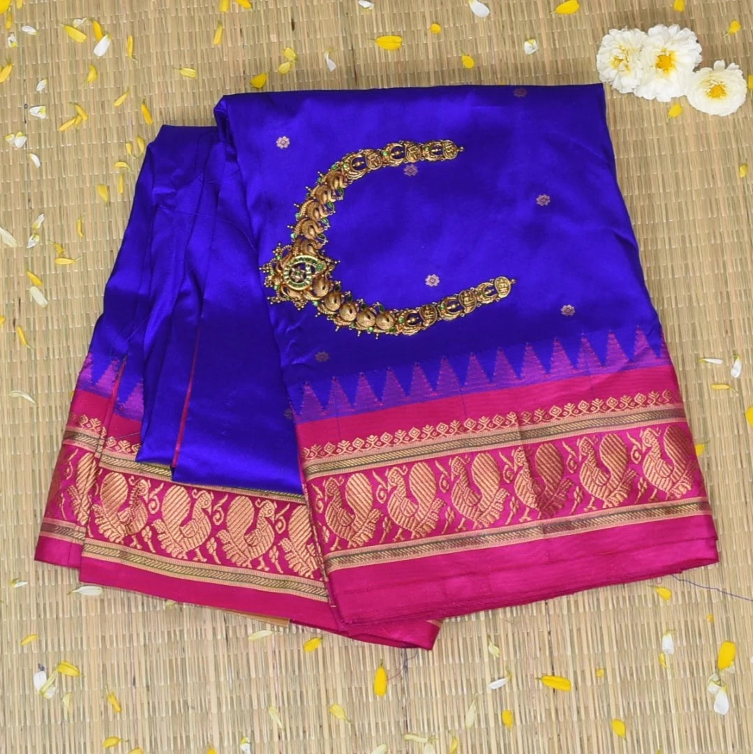 Ilkal Pure Silk Peacock Blue Saree With Pink Border