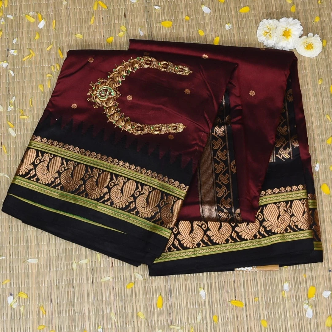 Ilkal Pure Silk Brown Saree Wih Black Border