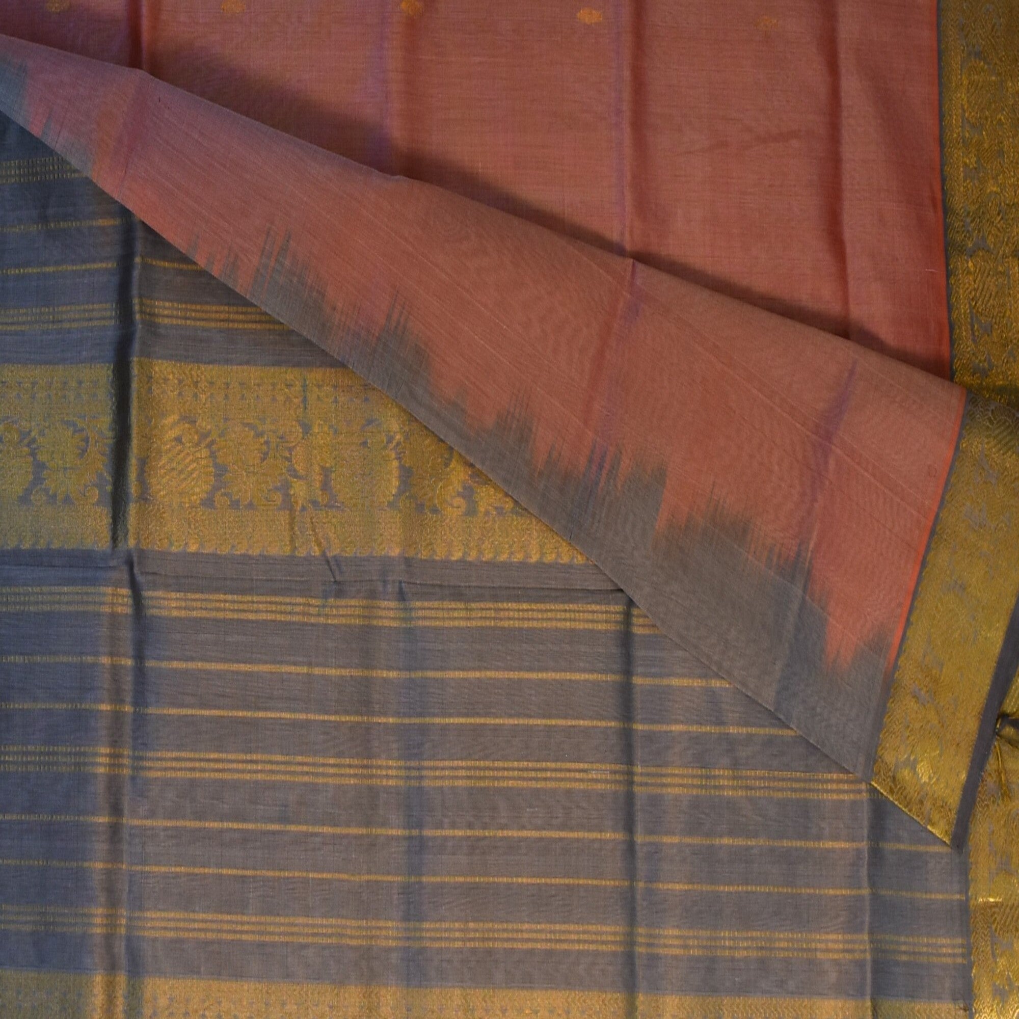 Silk cotton peach saree with silver boarder