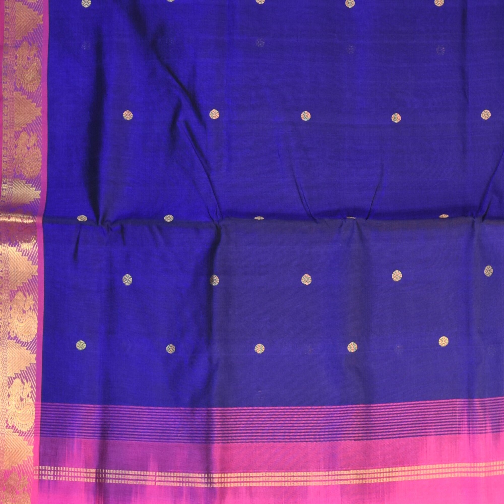 Silk cotton royal blue saree with pink boarder