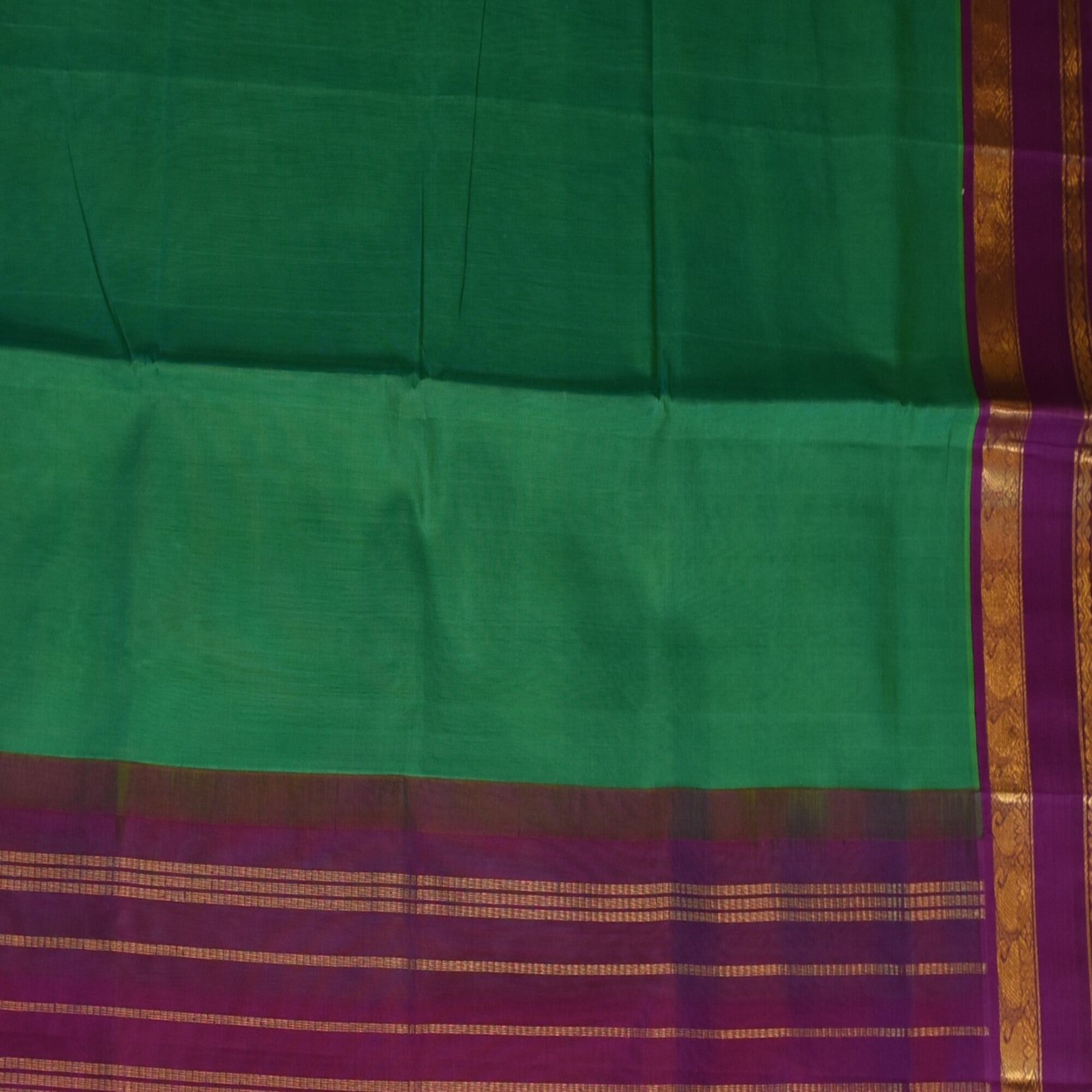 silk cotton green saree with violet boarder