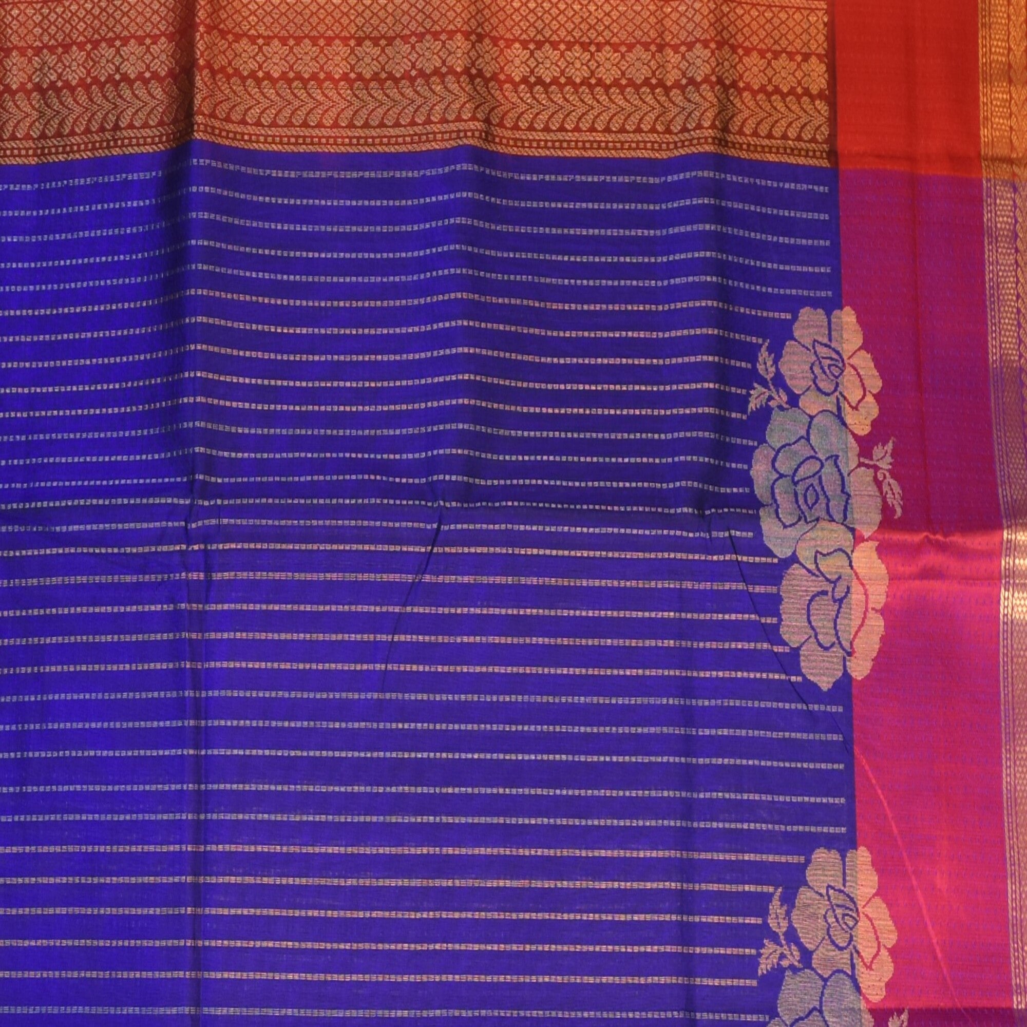 Silk cotton navy  blue saree with jari boarder