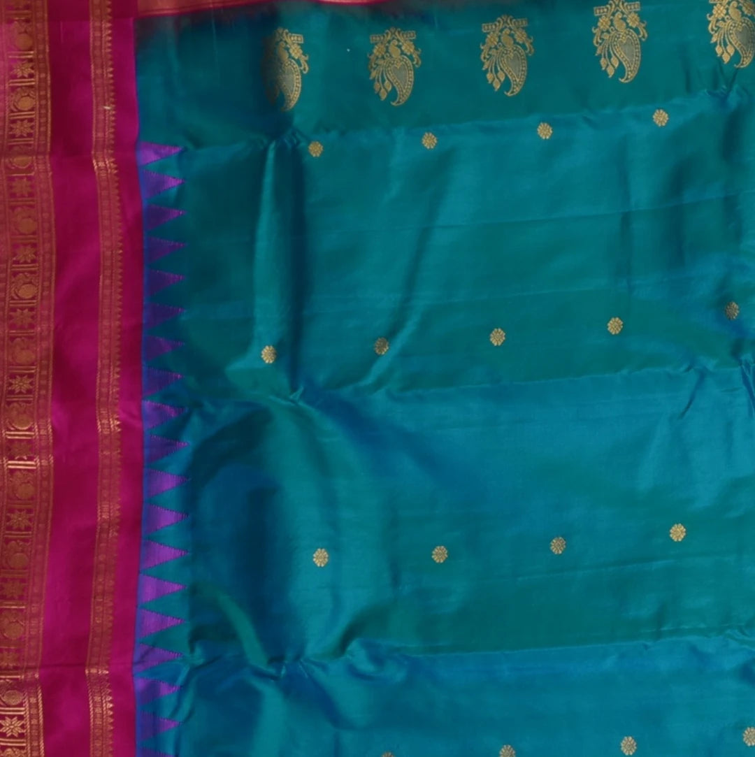 Ilkal Gadwal Silk Radium Blue Pink Boarder with Blouse