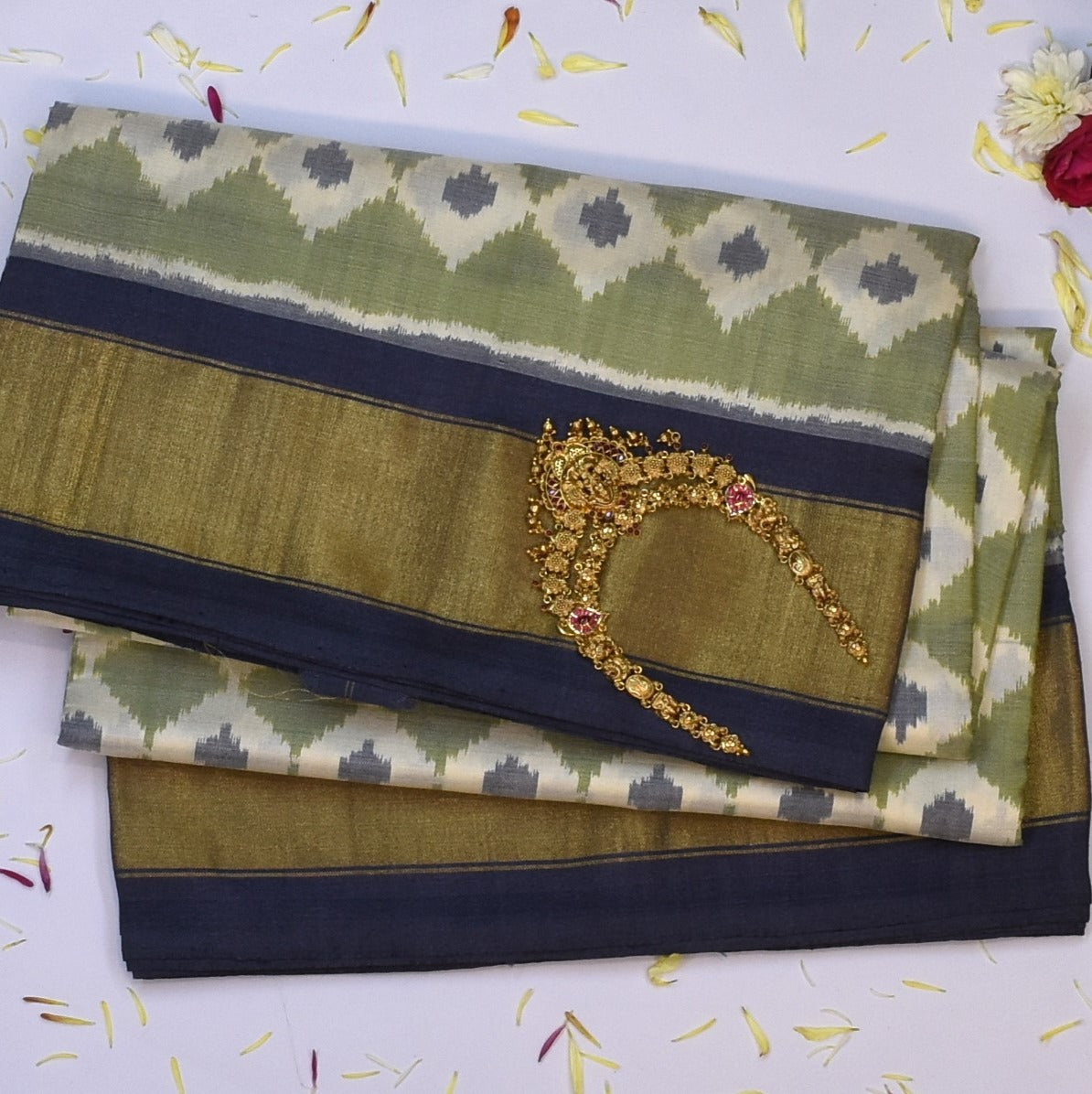 Pochampally ikkat Olive Gray Saree with Blouse