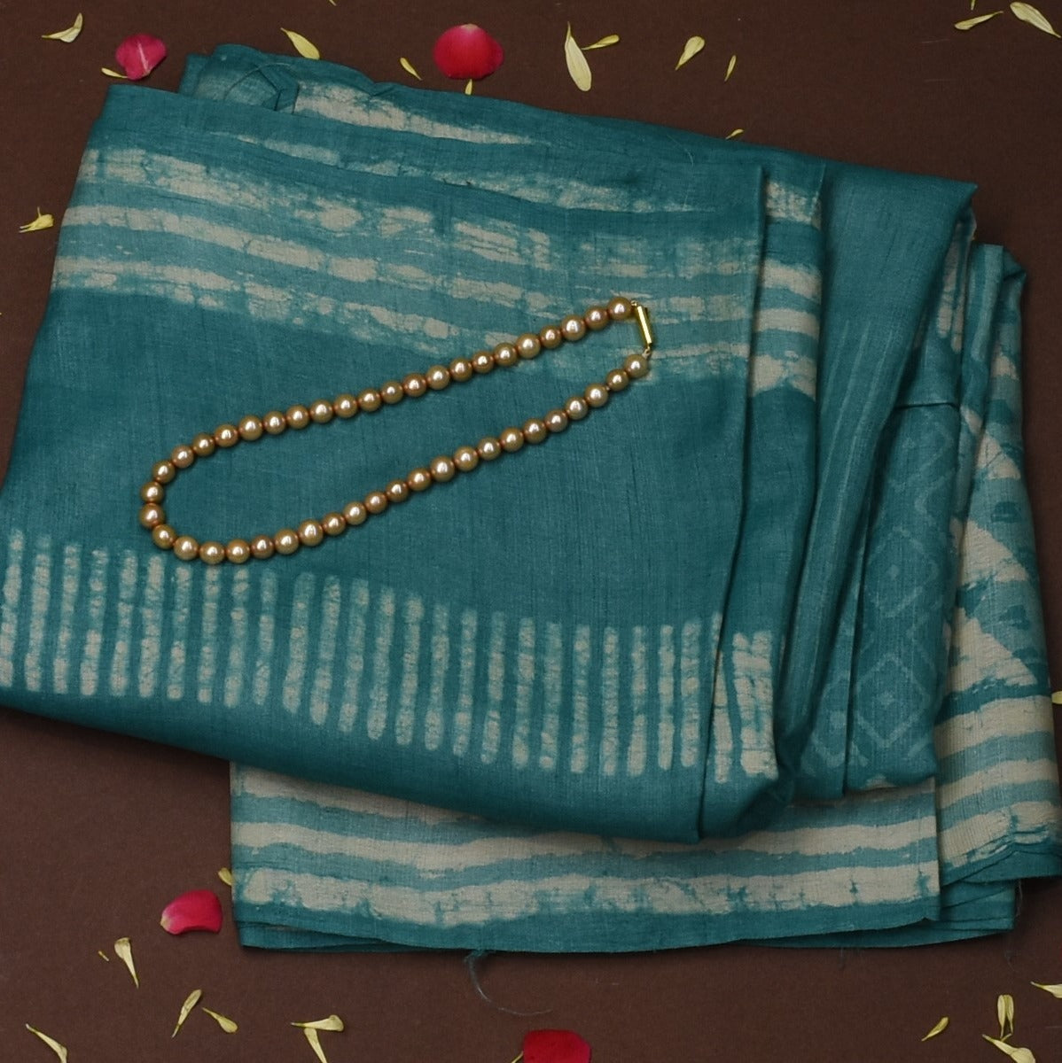 Tussar block print Teal Tide Saree with Blouse