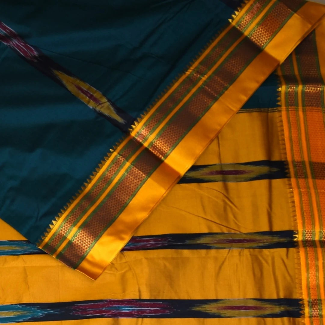Ilkal Silk Cotton Green Saree With Yellow Border