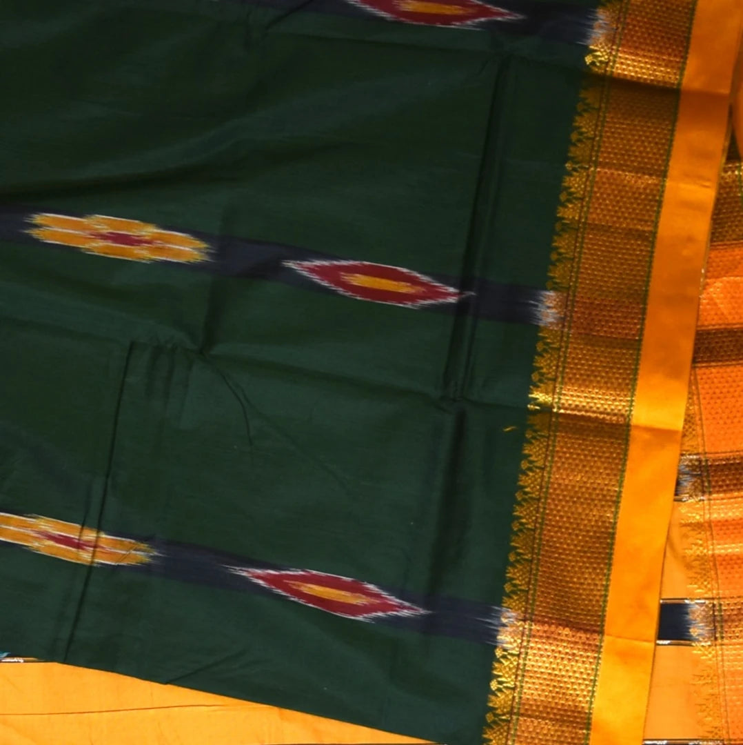 Ilkal Silk Cotton Green Saree With Yellow Border