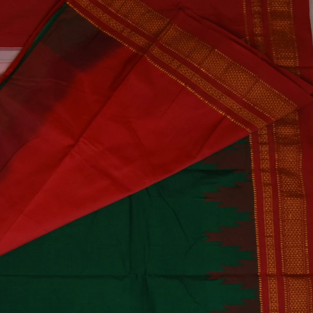 Ilkal Silk Cotton Green Saree With Red Border