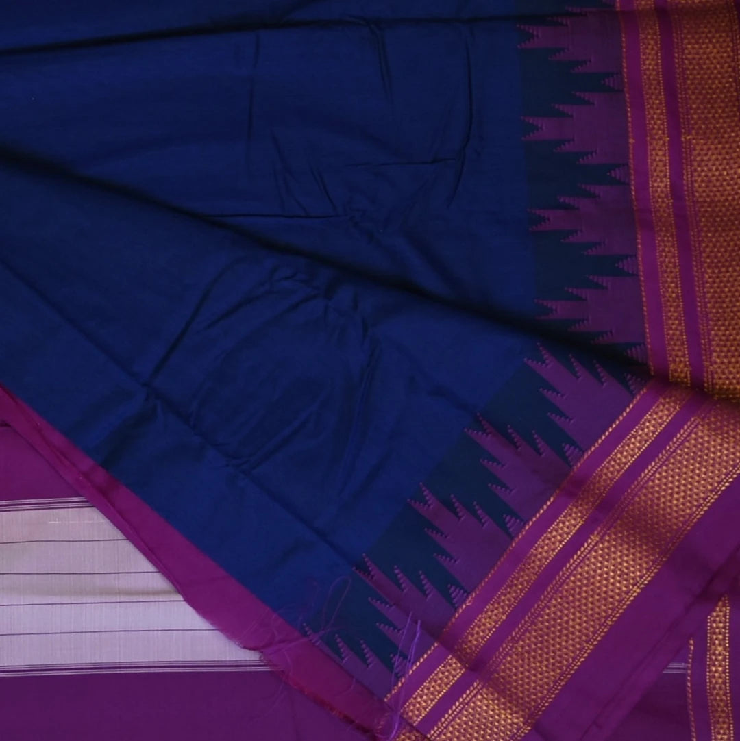 Ilkal Silk Cotton Dark Blue Saree With Magenta Border