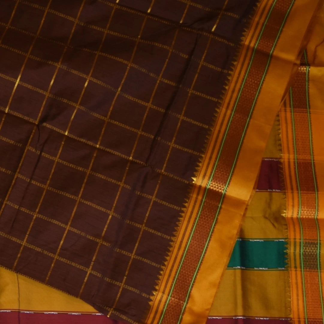 Ilkal Silk Cotton Brown Saree With Yellow Border