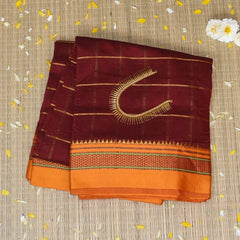Ilkal Silk Cotton Rust Brown Saree With Yellow Border