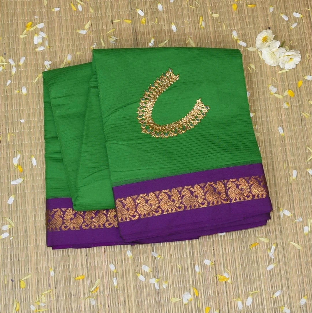 Ilkal Silk Cotton Green Saree With Purple Border