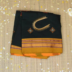 Ilkal Coton Silk Kasuti Dark Green Sasree With Mustard Border