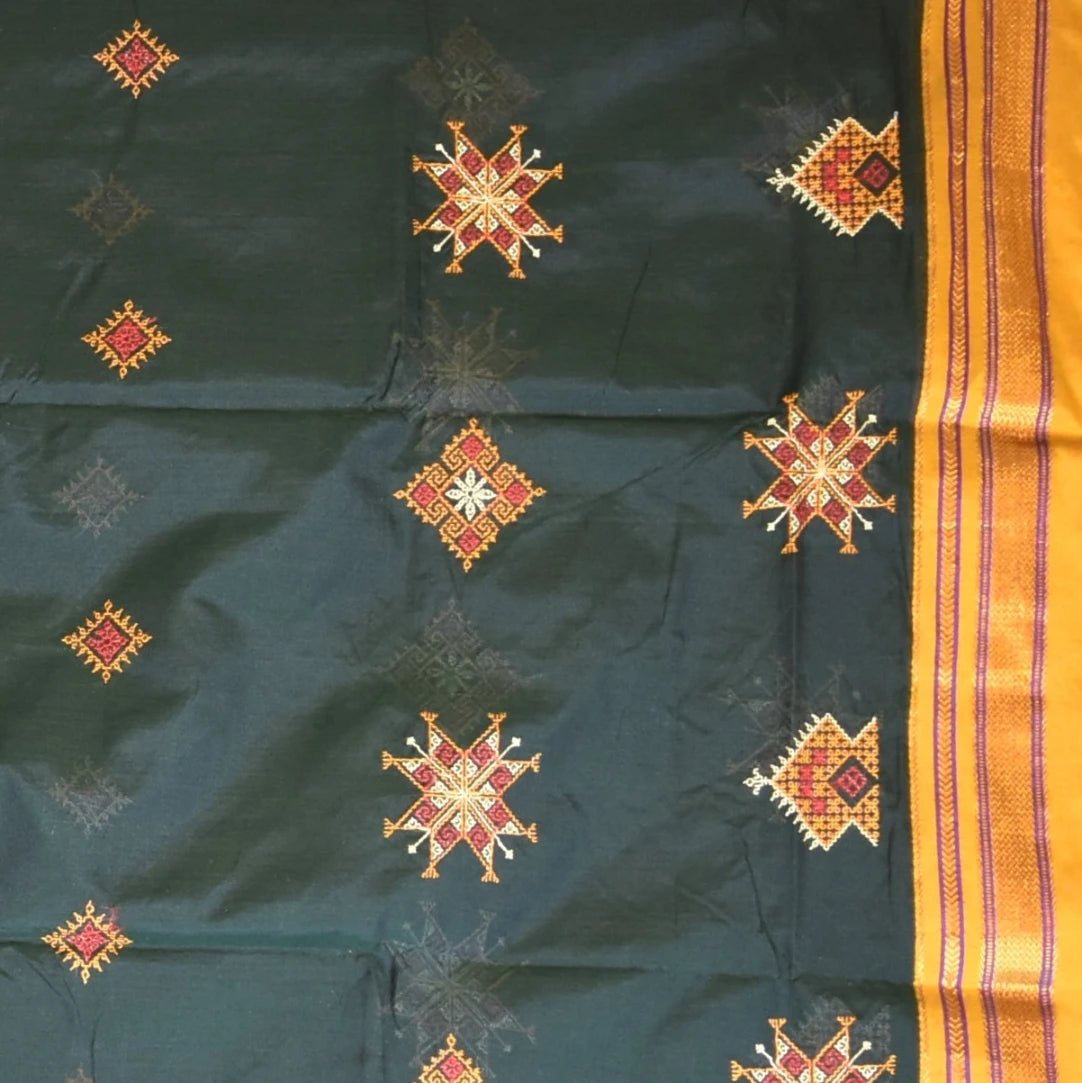 Ilkal Coton Silk Kasuti Dark Green Sasree With Mustard Border