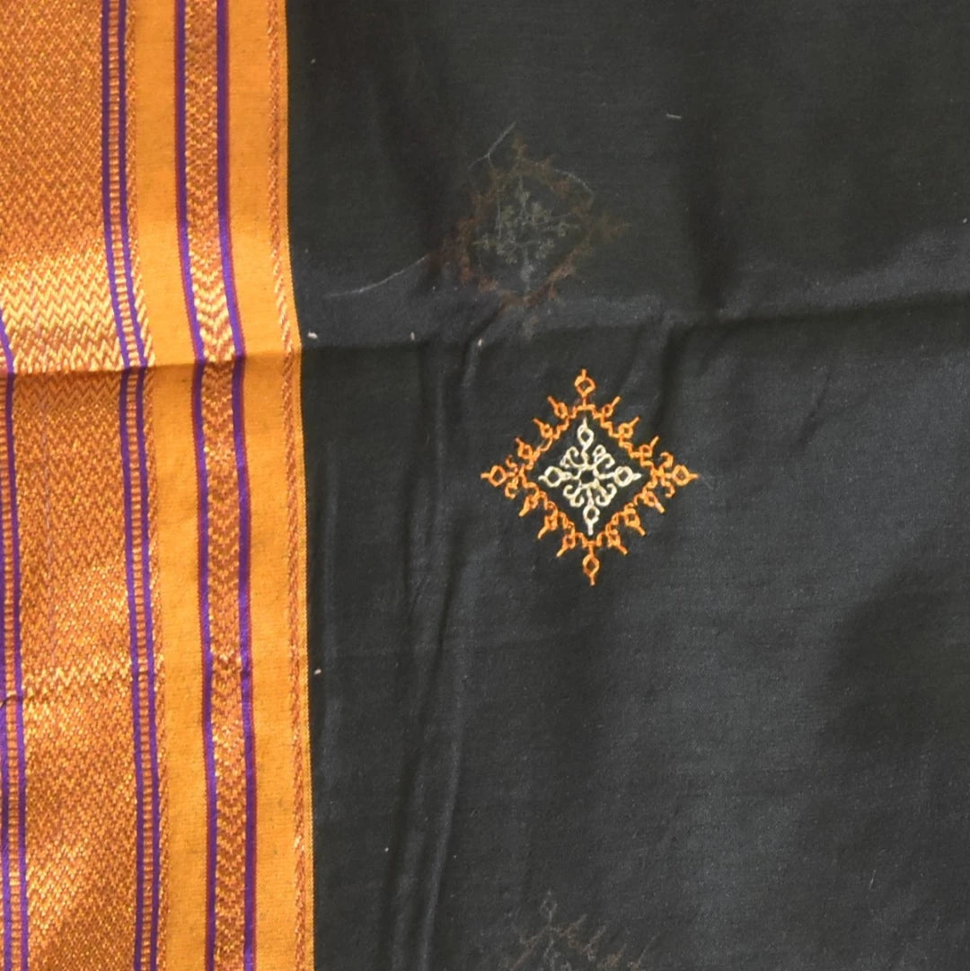 Ilkal Coton Silk Kasuti Dark Green Sasree With Mustard Border