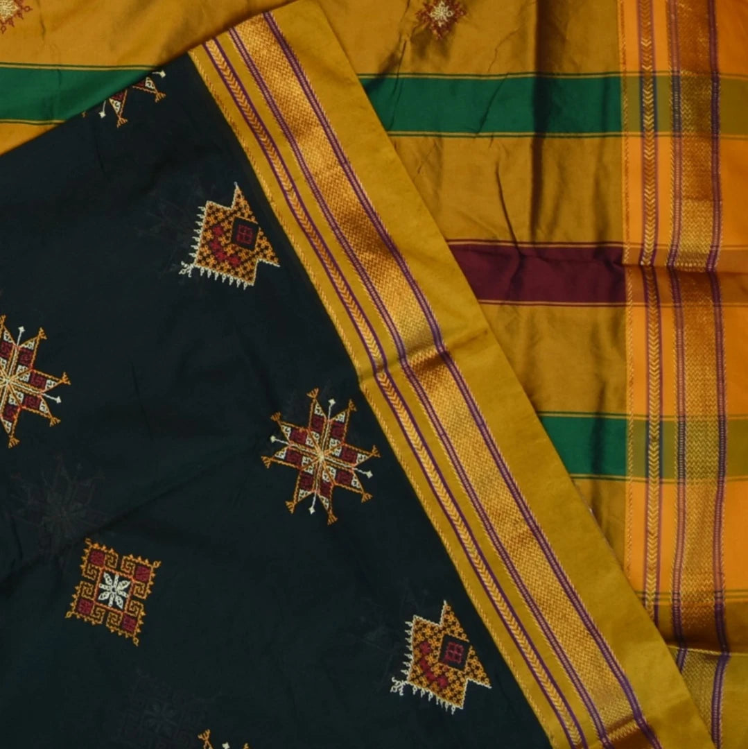 Ilkal Coton Silk Kasuti Dark Green Sasree With Mustard Border