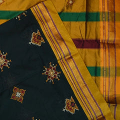 Ilkal Coton Silk Kasuti Dark Green Sasree With Mustard Border