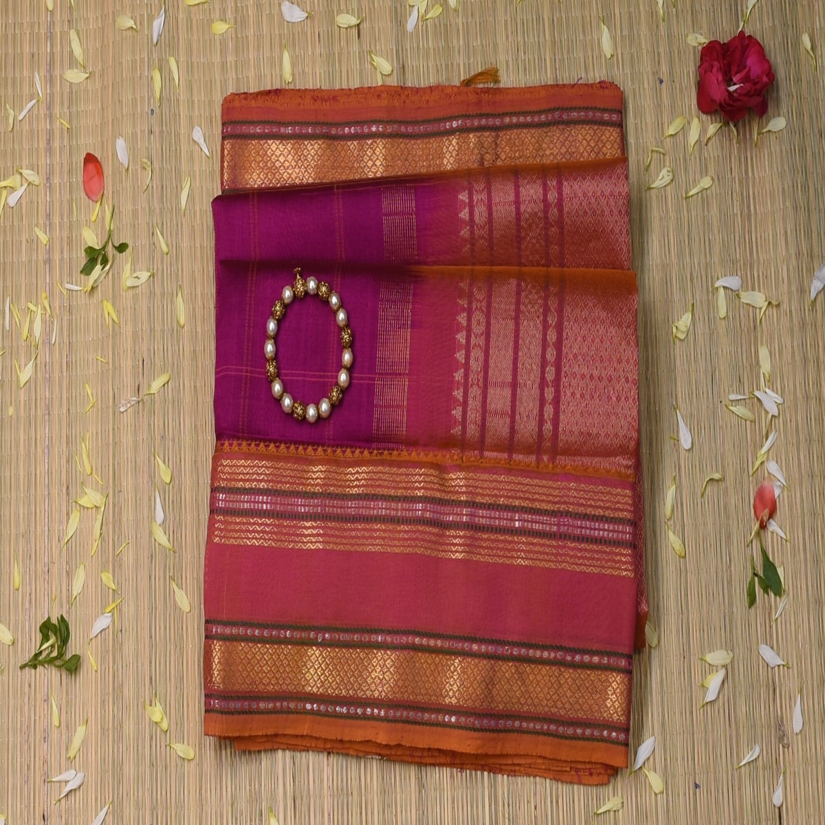 Silk cotton pink saree with jari boarder