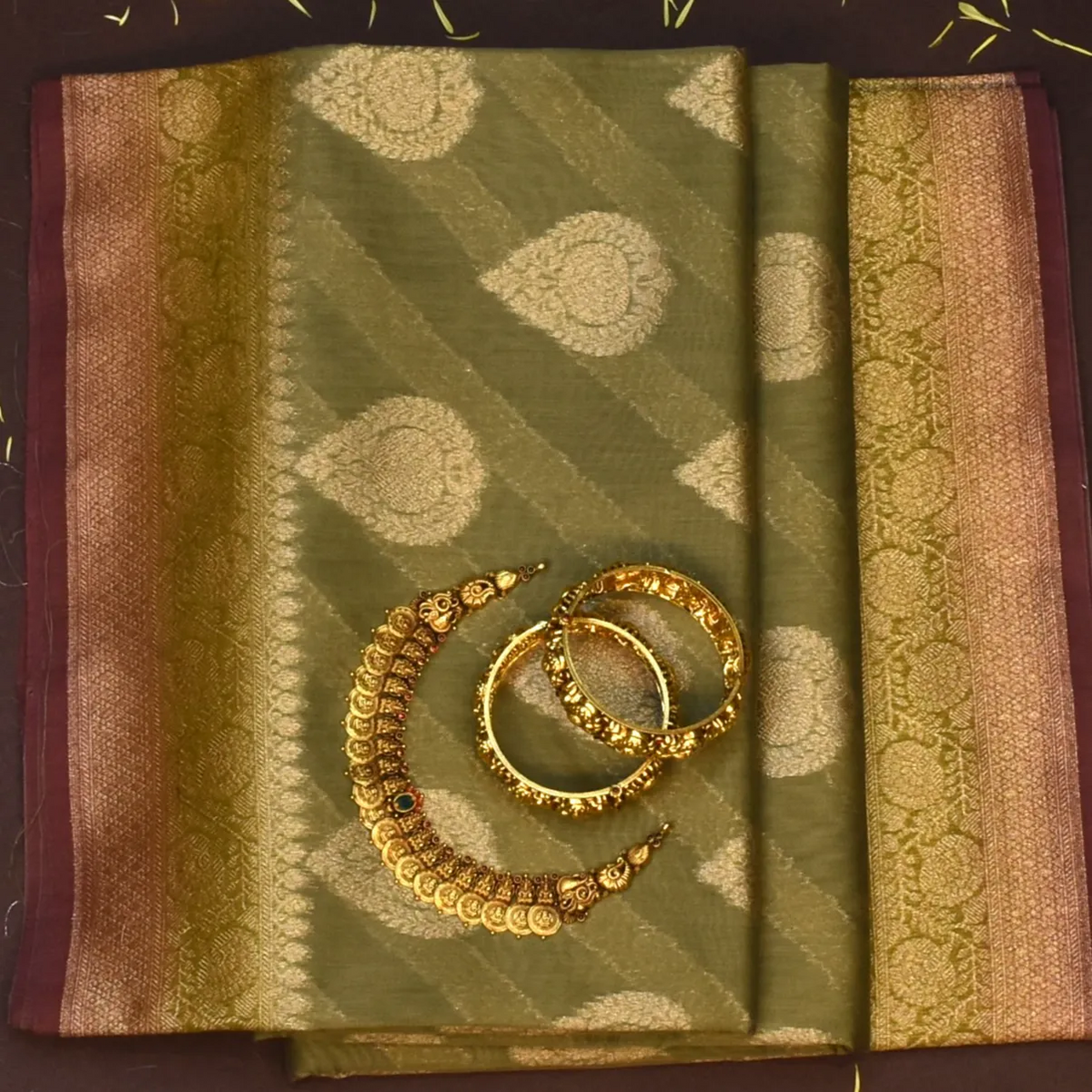 Banarasi Rangkat Cotton Olive Brown Saree with Blouse