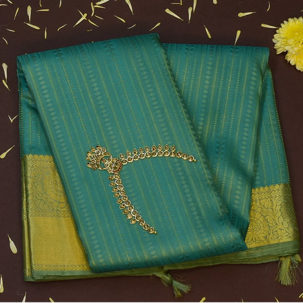 Kanchipuram Silk Teal Saree with Blouse