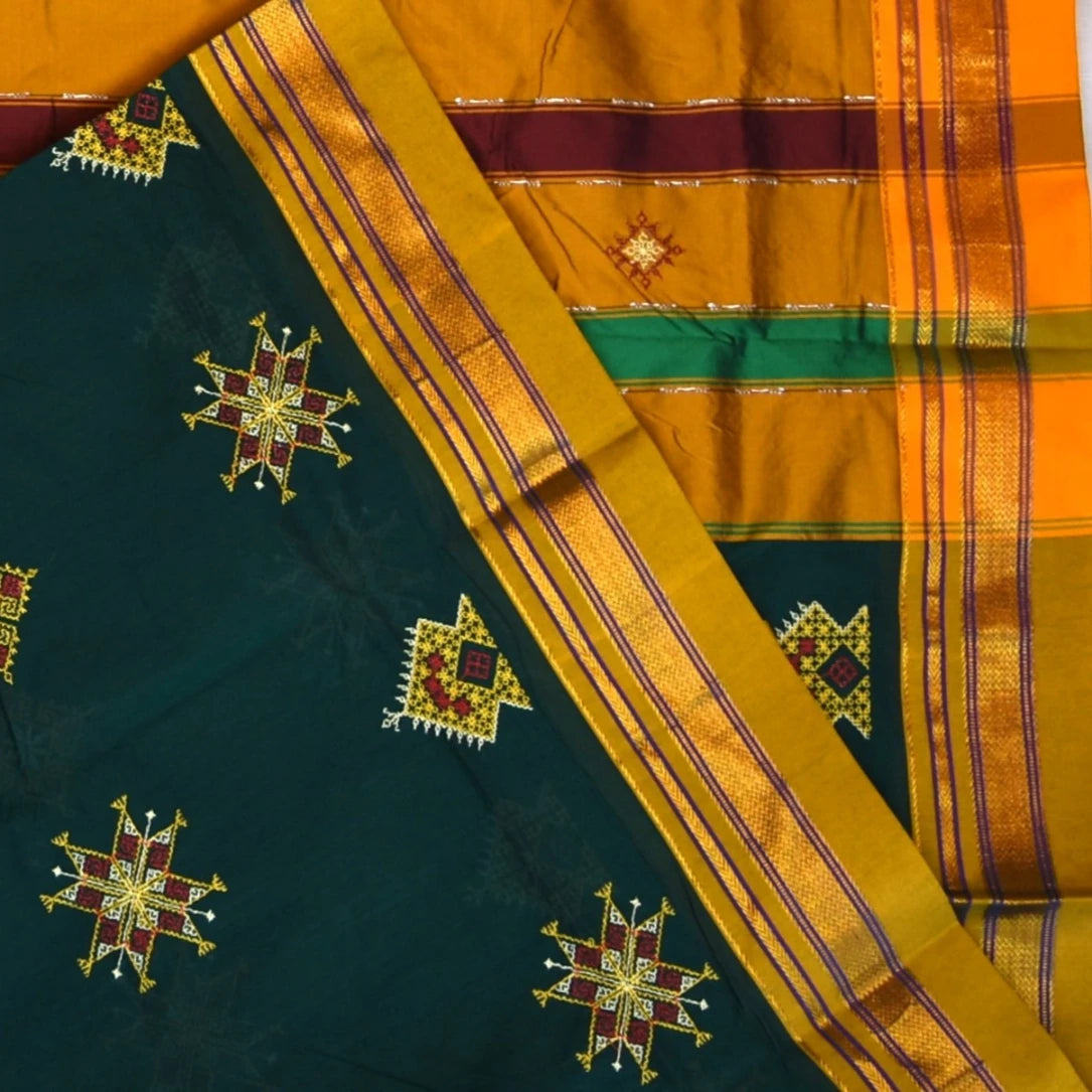 Ilkal Cotton Silk Green Saree With Mustard Border