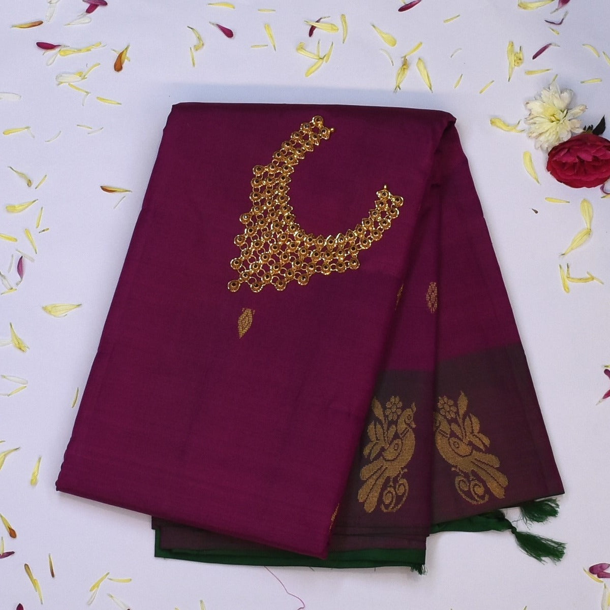 Kanchivaram silk Plum Wine Saree with Blouse