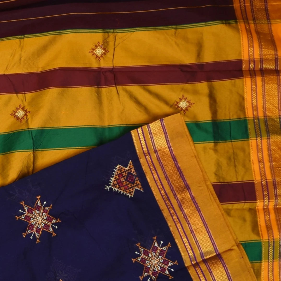 Ilkal Cotton Silk Kasuti Brinjal Purple With Mustard Border