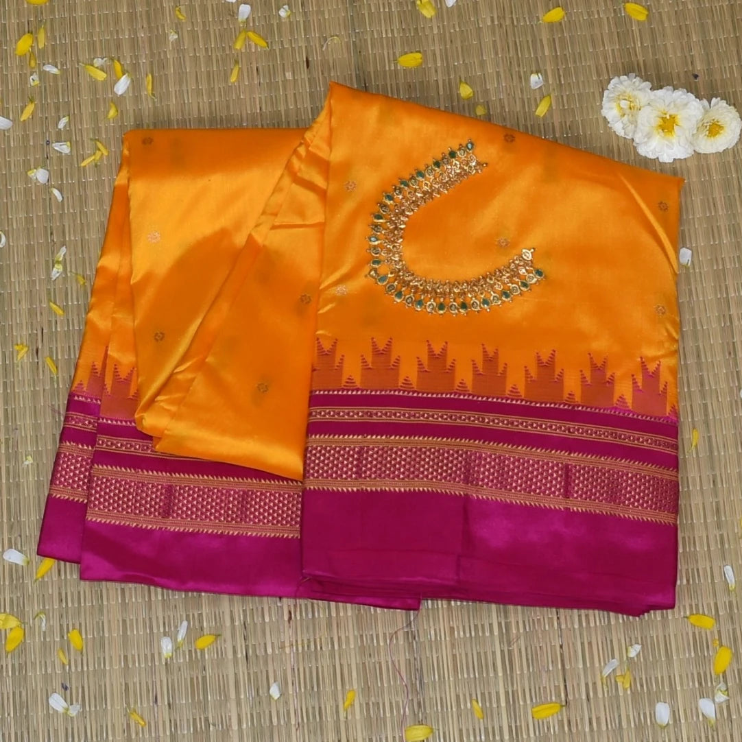 Ilkal Gadwal Pure Silk Yellow Saree With Shocking Pink Border